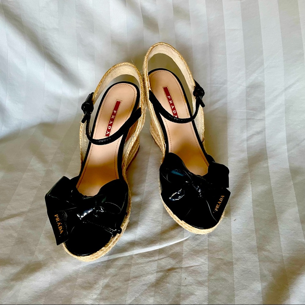 Prada 👡 Wedge Peep Toe Sandal with Bow